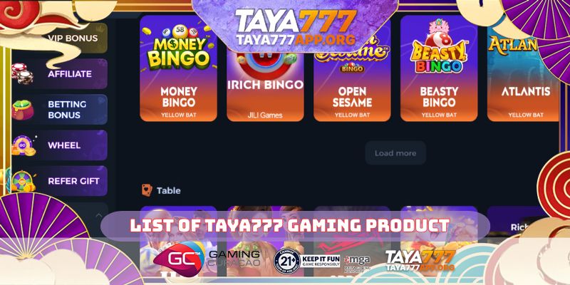 List of TAYA777 gaming product
